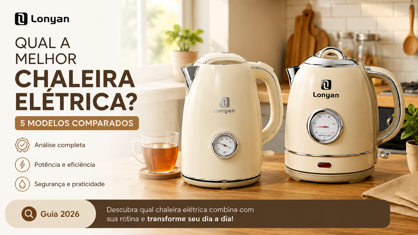 Chaleira elétrica retrô LONYAN Inox 304 com termômetro na bancada da cozinha