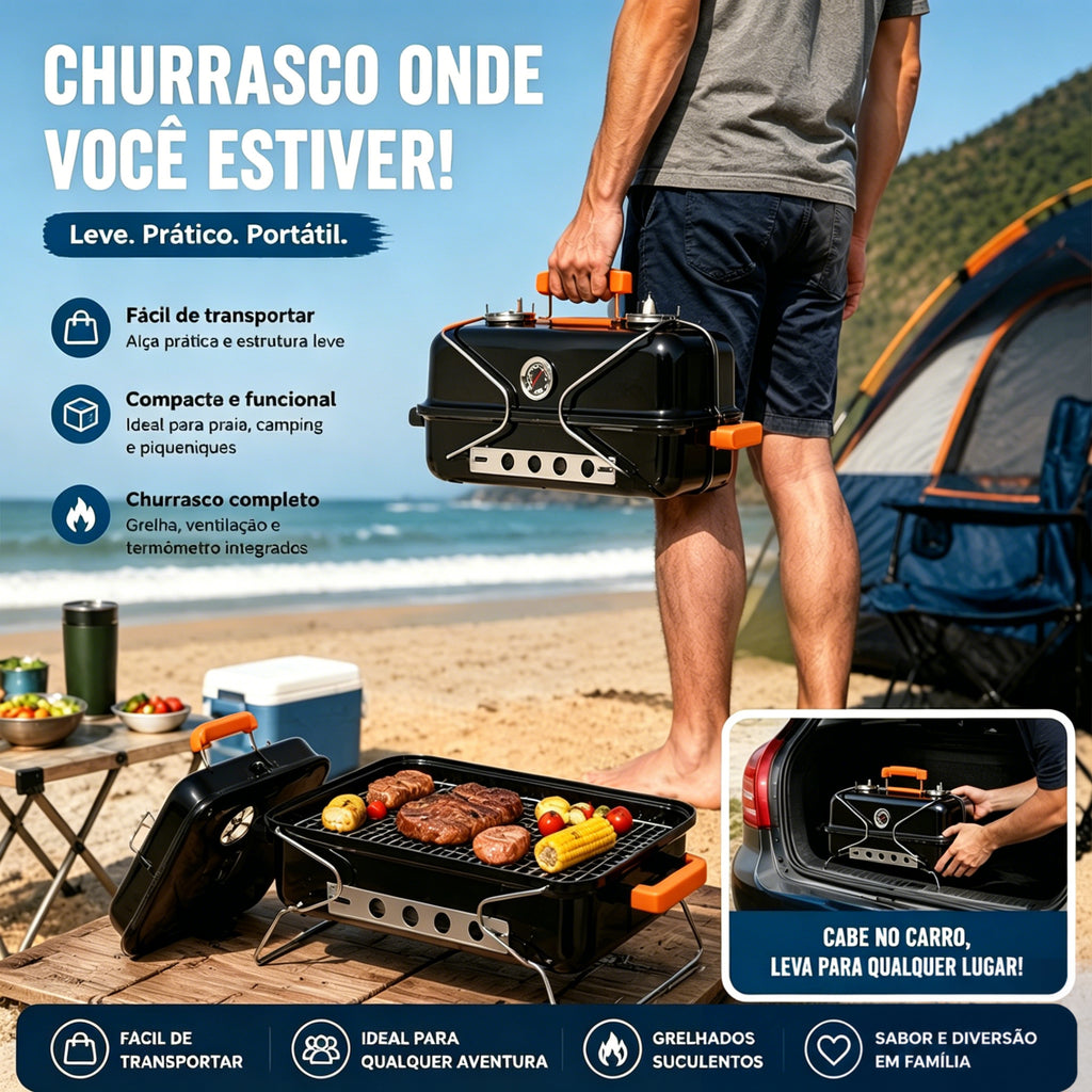 Churrasqueira a Carvão LONYAN 55×37cm Inox 304 Dobrável com Termômetro