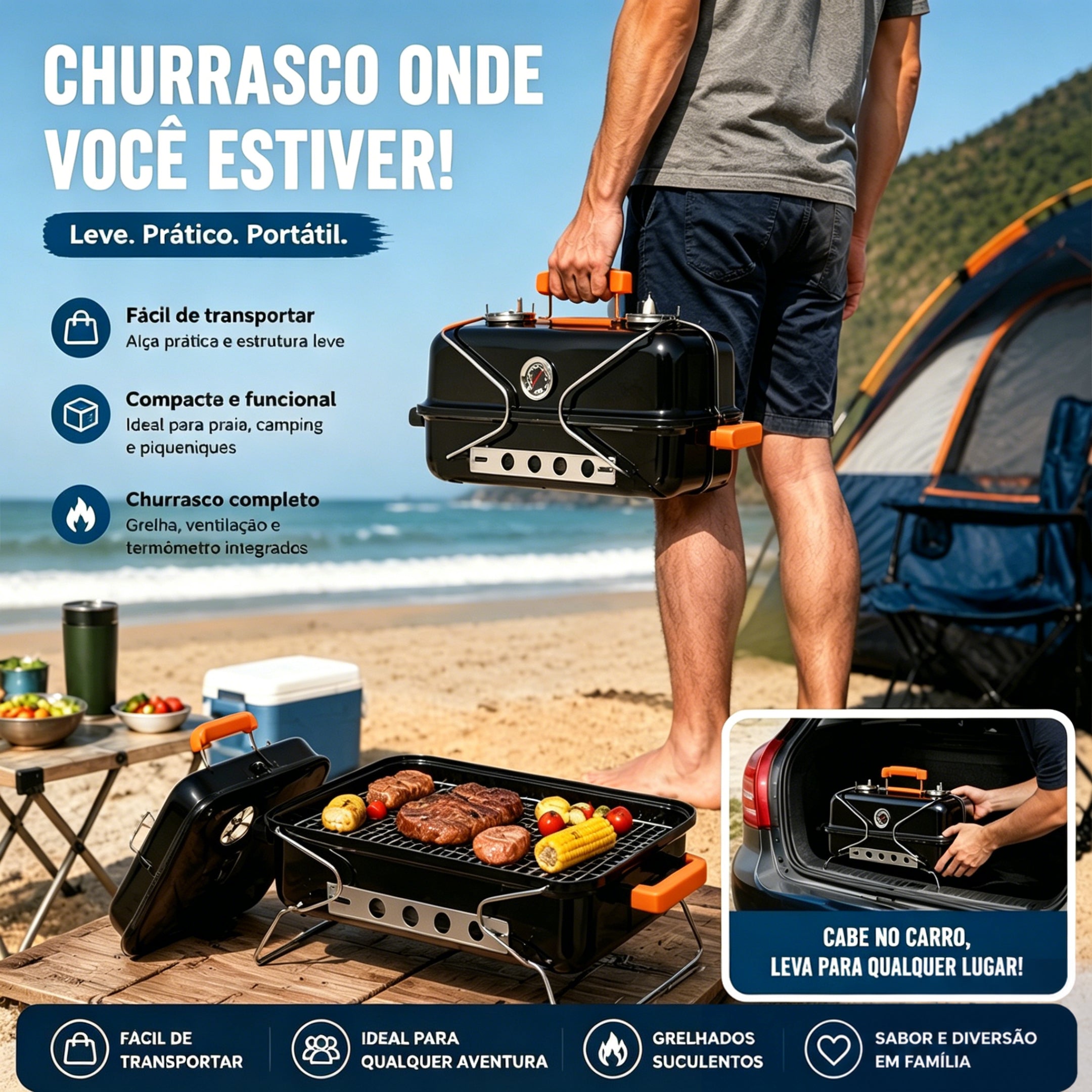 Churrasqueira a Carvão LONYAN 55×37cm Inox 304 Dobrável com Termômetro