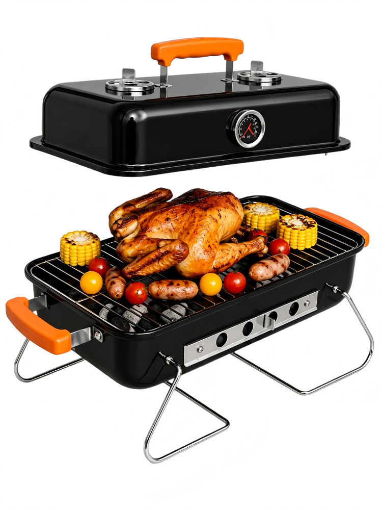 Churrasqueira a Carvão LONYAN 55×37cm Corpo Esmaltado Grelha Inox Dobrável com Termômetro