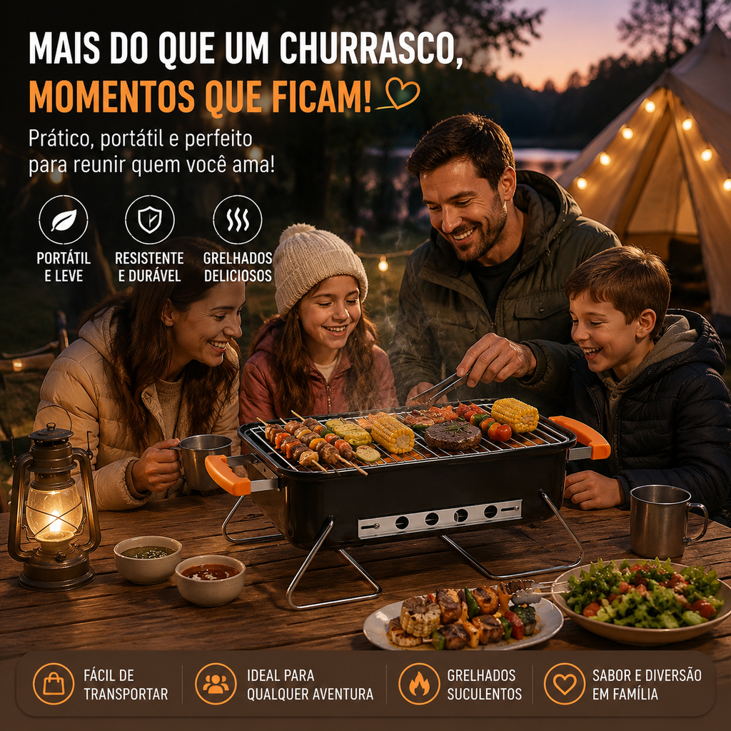 Churrasqueira a Carvão LONYAN 55×37cm Inox 304 Dobrável com Termômetro