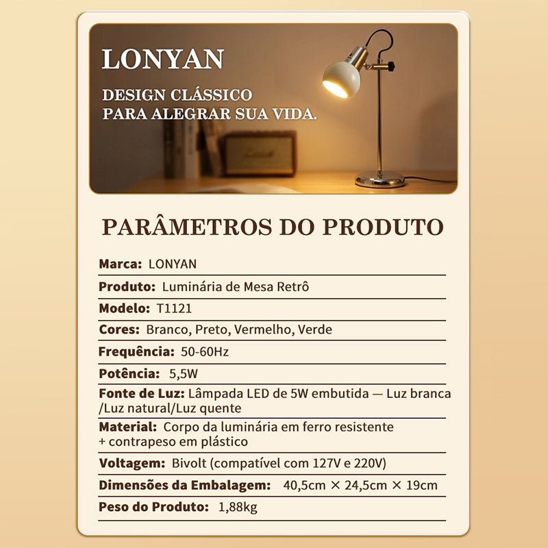 Luminária de Mesa LONYAN Vintage LED 3 Tons Regulável — LONYAN — Vista superior