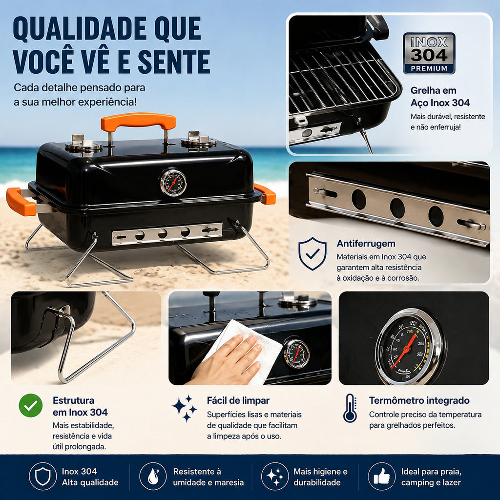 Churrasqueira a Carvão LONYAN 55×37cm Inox 304 Dobrável com Termômetro