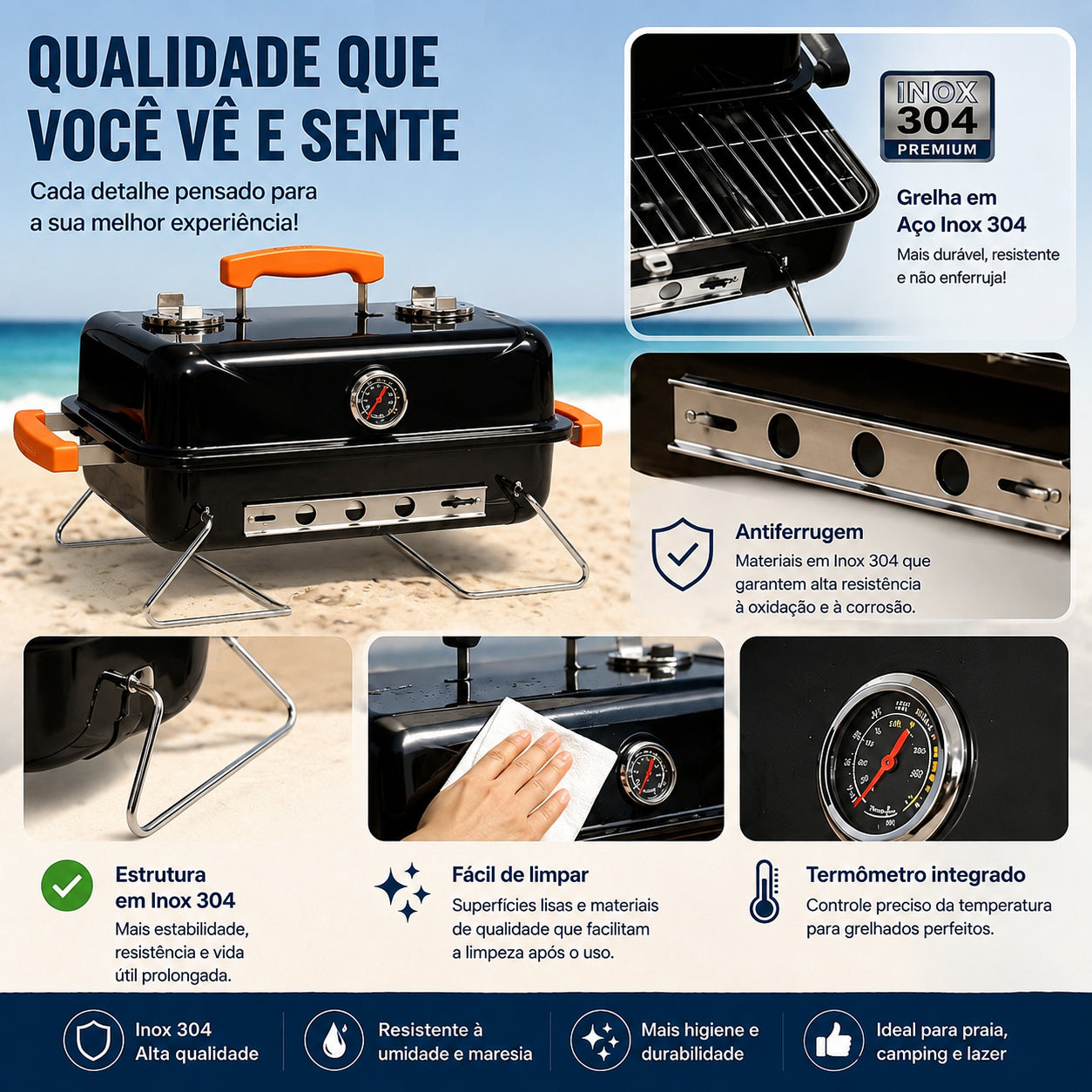 Churrasqueira a Carvão LONYAN 55×37cm Inox 304 Dobrável com Termômetro