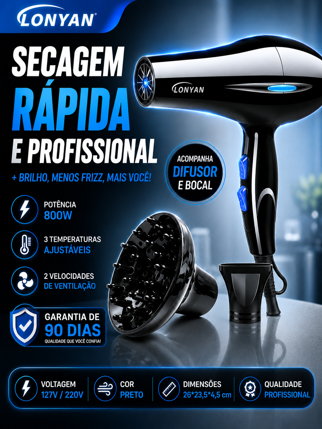 Secador de Cabelo LONYAN 8020 800W Íons Negativos com Difusor
