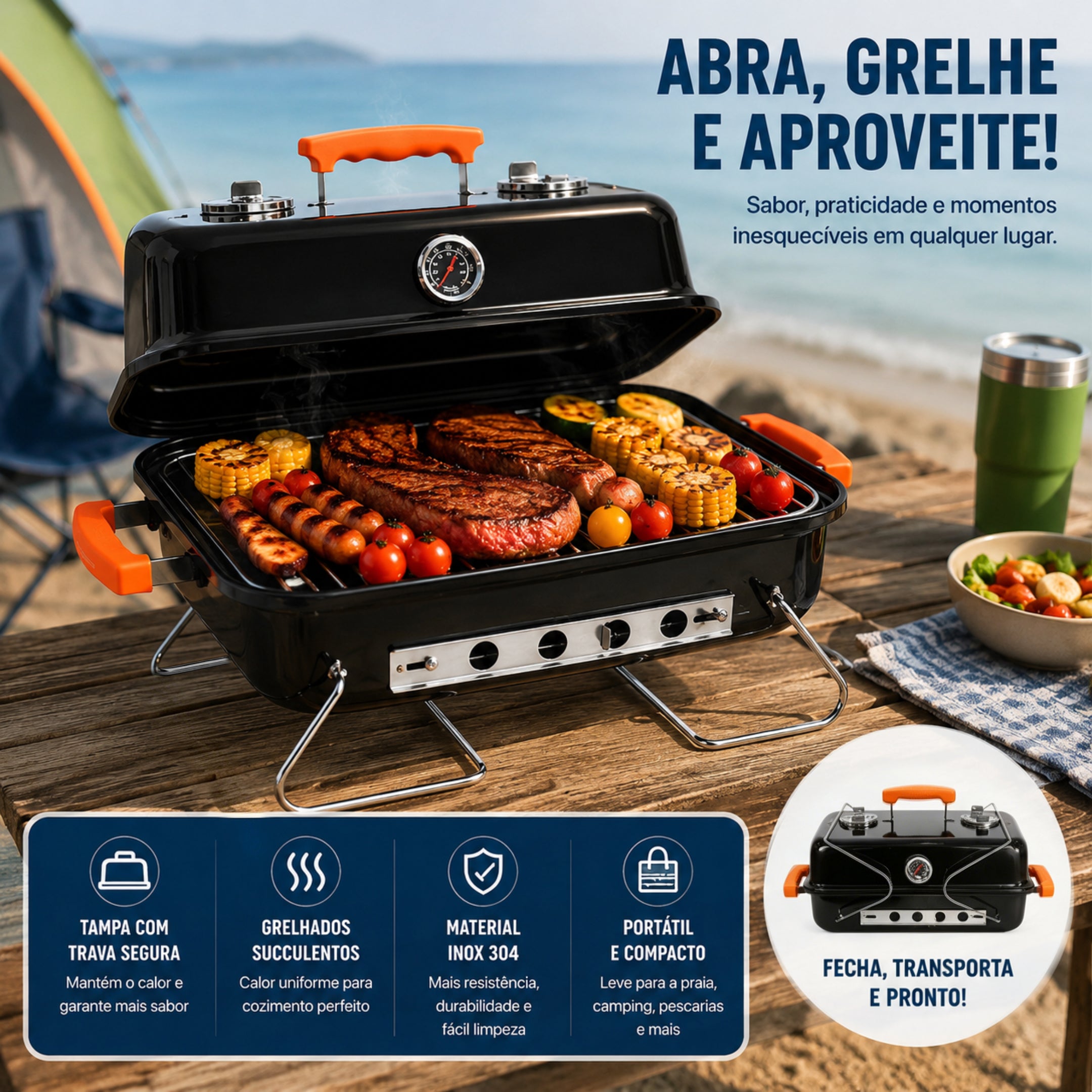 Churrasqueira a Carvão LONYAN 55×37cm Inox 304 Dobrável com Termômetro