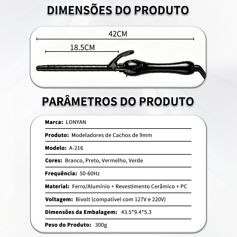 Modelador de Cachos LONYAN 9mm Cerâmico Íons Negativos Bivolt — LONYAN — Produto em funcionamento
