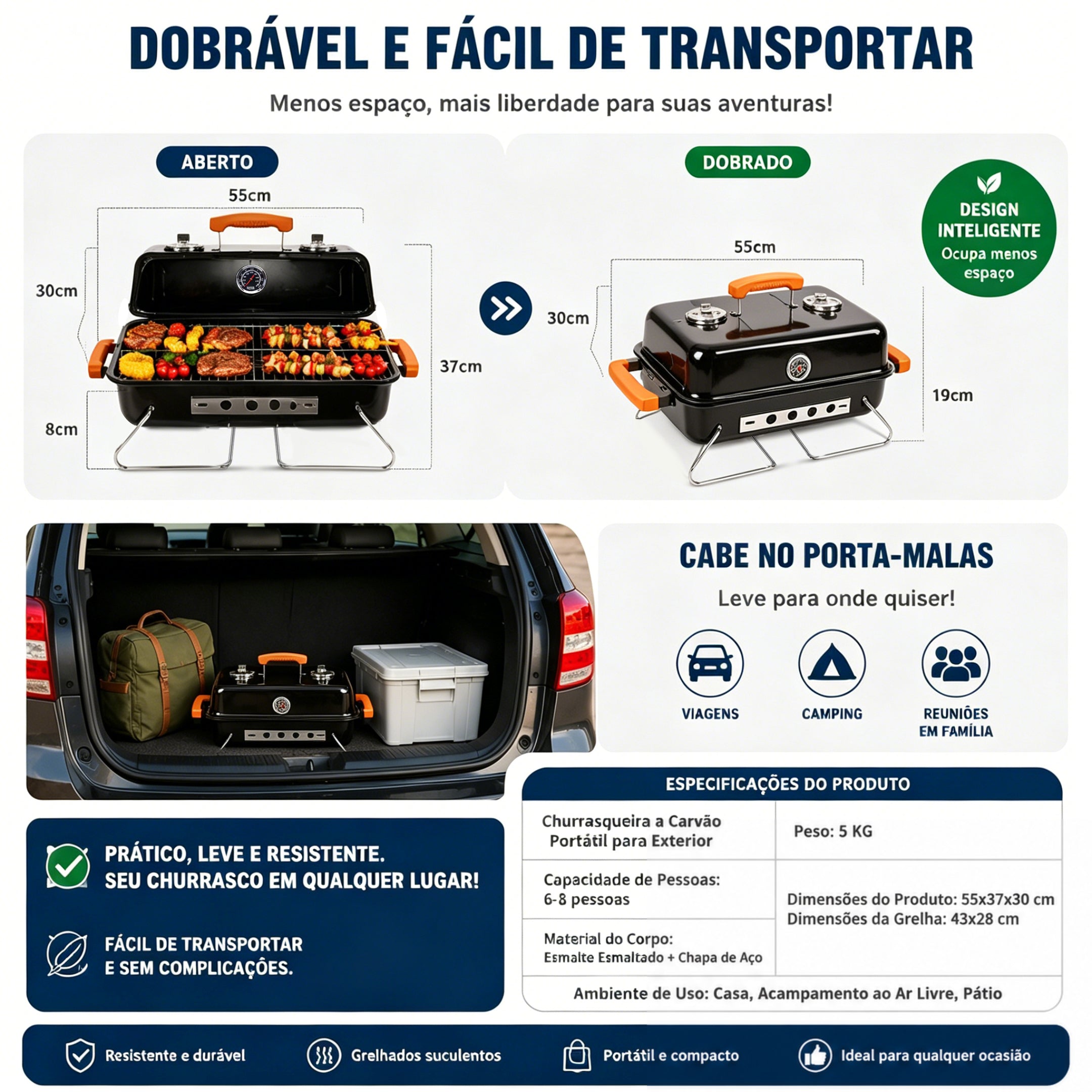 Churrasqueira a Carvão LONYAN 55×37cm Inox 304 Dobrável com Termômetro