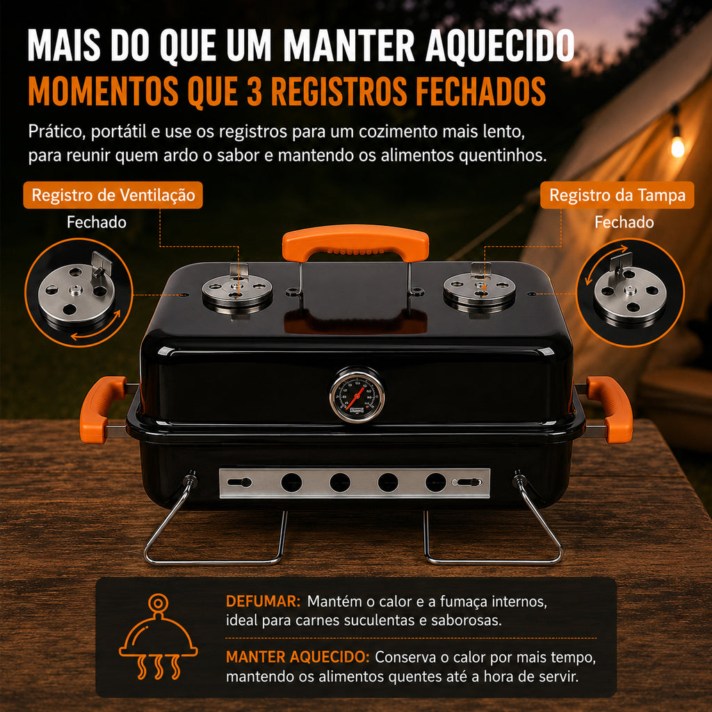 Churrasqueira a Carvão LONYAN 55×37cm Inox 304 Dobrável com Termômetro