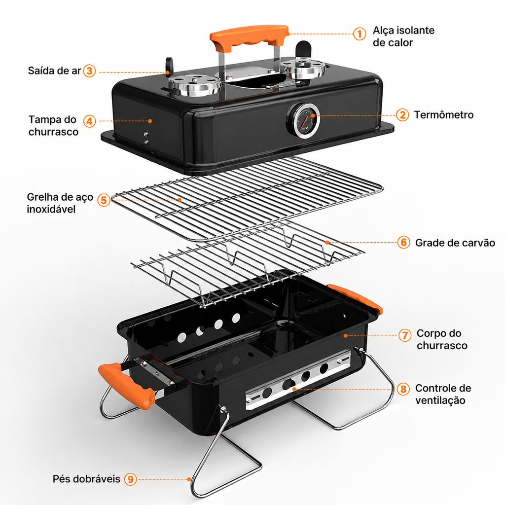 Churrasqueira a Carvão LONYAN 55×37cm Inox 304 Dobrável com Termômetro