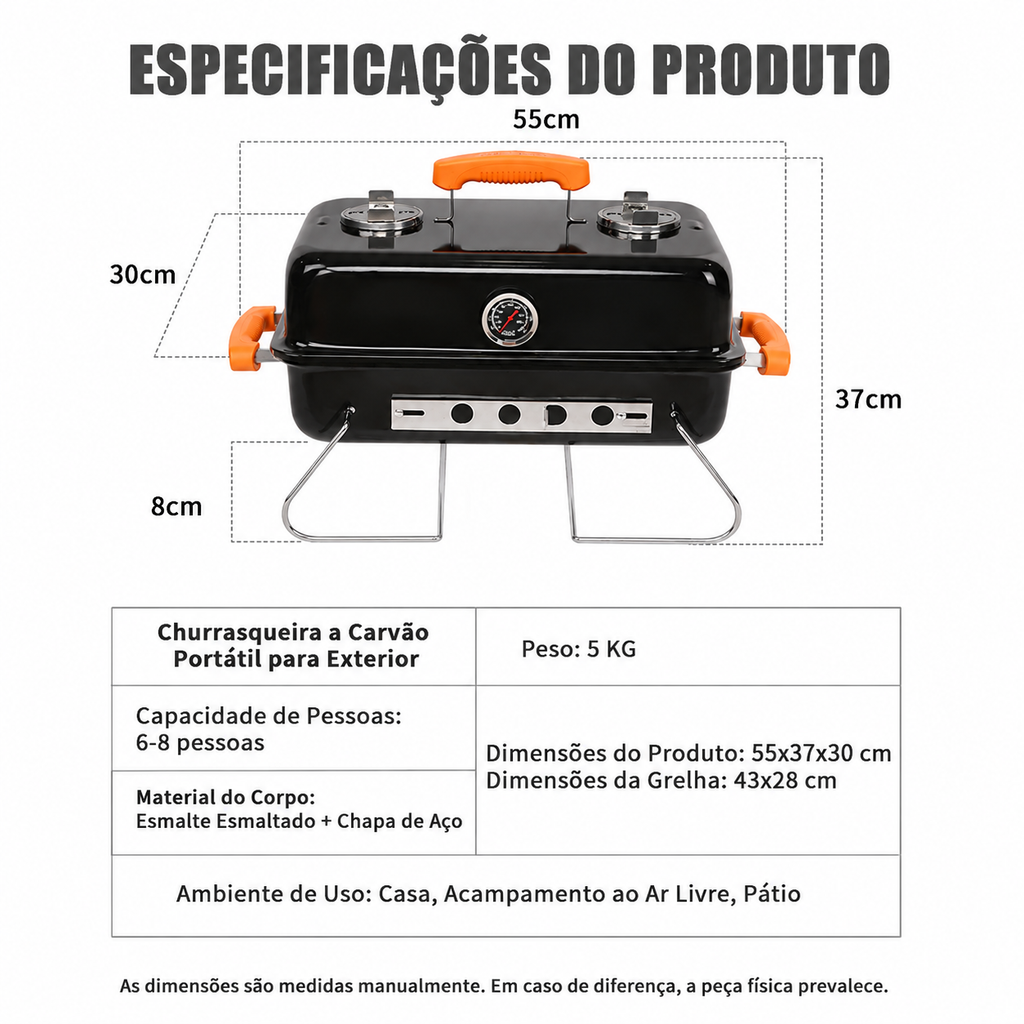 Churrasqueira a Carvão LONYAN 55×37cm Inox 304 Dobrável com Termômetro