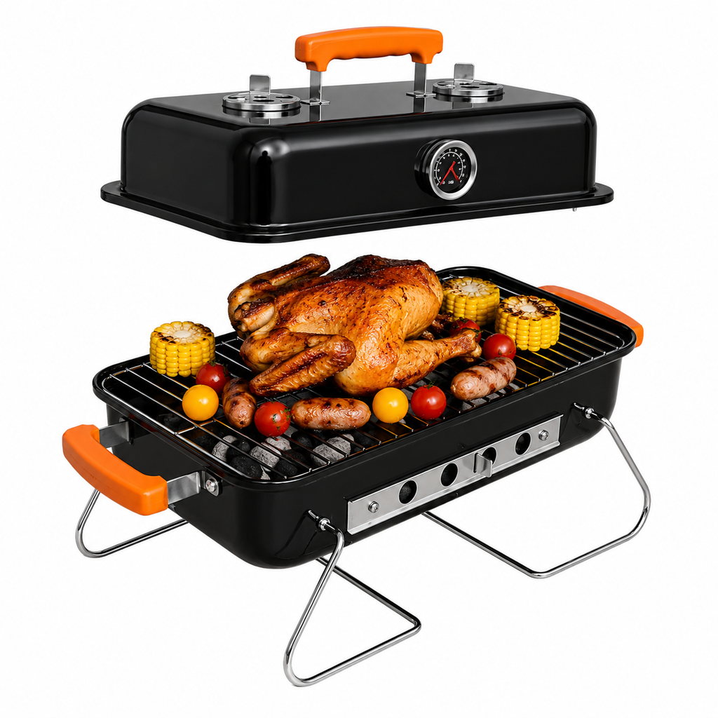 Churrasqueira a Carvão LONYAN 55×37cm Inox 304 Dobrável com Termômetro
