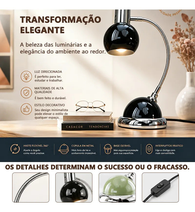 Luminária de Mesa LONYAN Vintage LED E27 3 Temperaturas Bivolt Haste Articulada