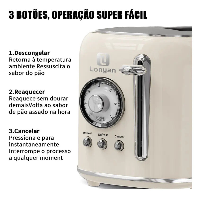 Torradeira Elétrica LONYAN Retrô 800W Inox 7 Níveis — LONYAN — Produto em funcionamento