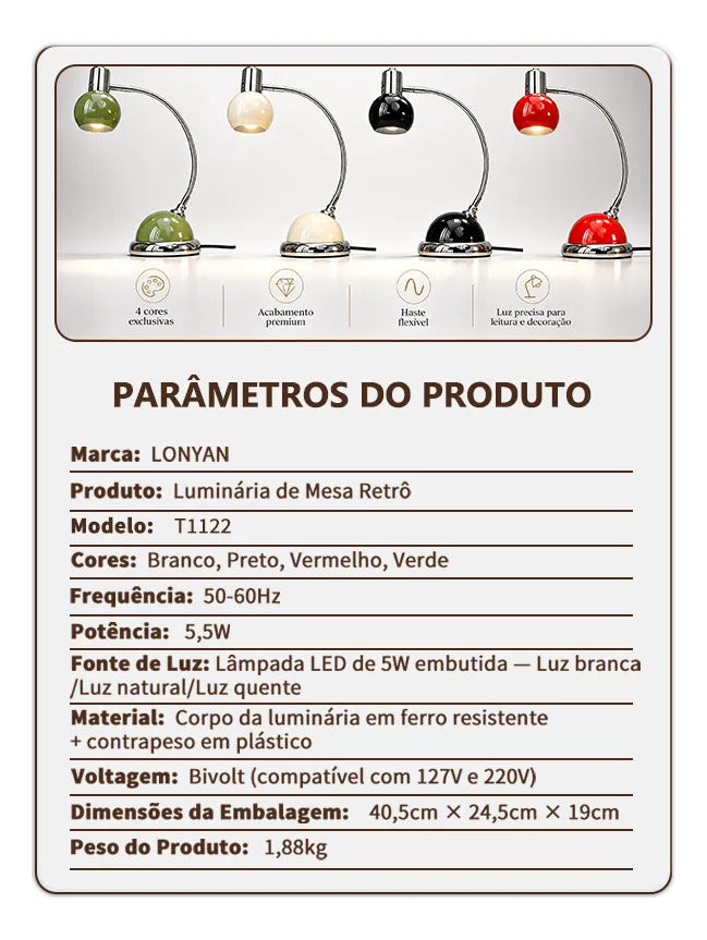 Luminária de Mesa LONYAN Vintage LED E27 3 Temperaturas Bivolt Haste Articulada