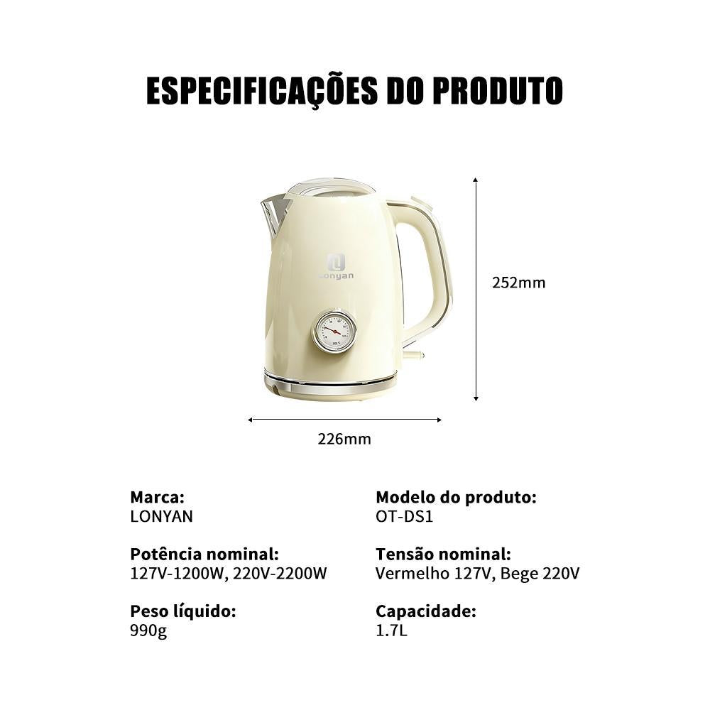 Chaleira Elétrica LONYAN Retrô 1.7L Inox 304 — LONYAN — Dimensões do produto