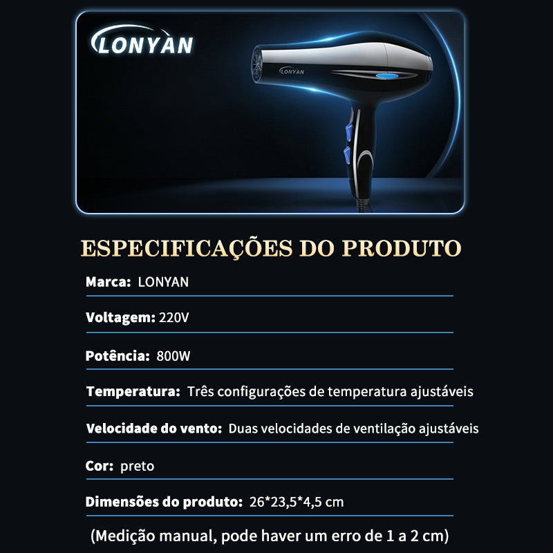 Secador de Cabelo LONYAN 800W Motor CC Íons Negativos com Difusor — LONYAN — Dimensões do produto