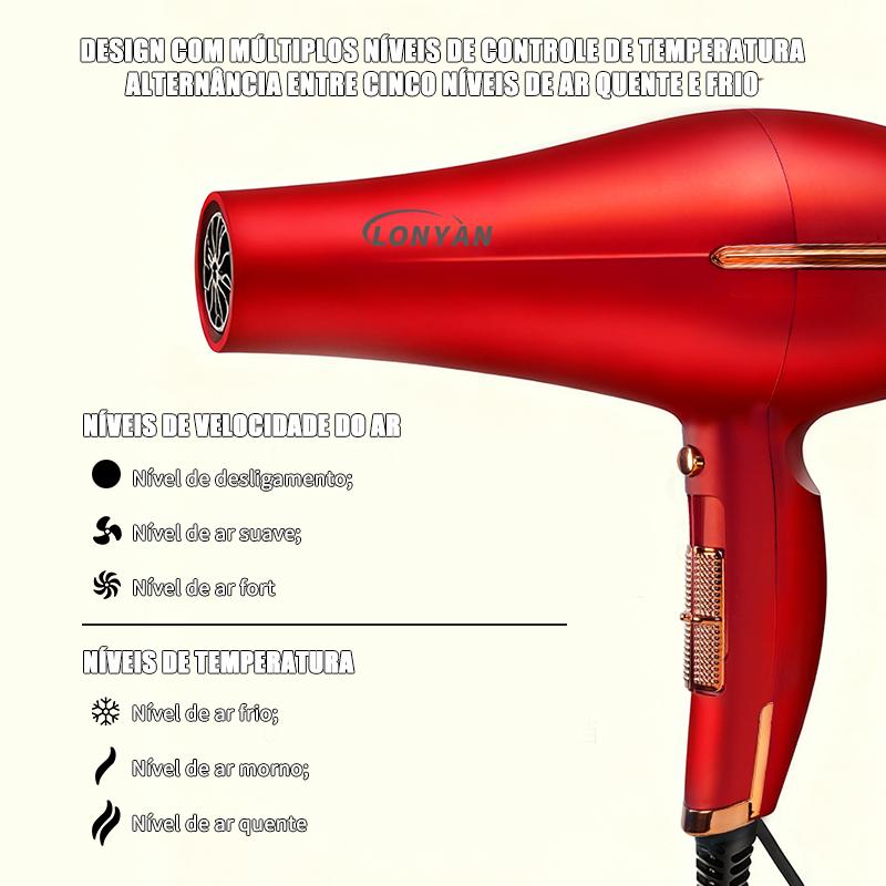 Secador de Cabelo Profissional T33 2500W com Concentrador — LONYAN — Vista frontal em detalhe